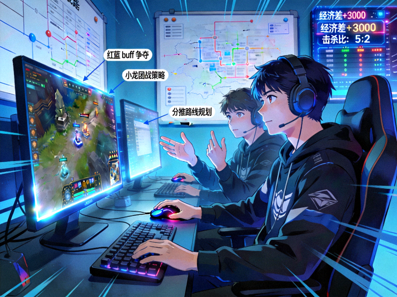 LOL职业联赛战术复盘分析，战队选手正在比赛中进行策略博弈